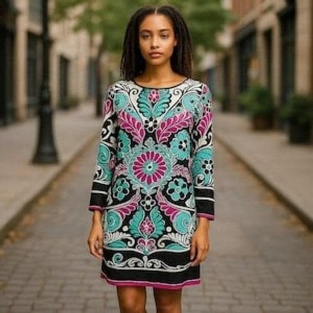 Nicole Miller Studio Silk Blend Psychedelic Floral Paisley Bell Sleeve‎ Dress S